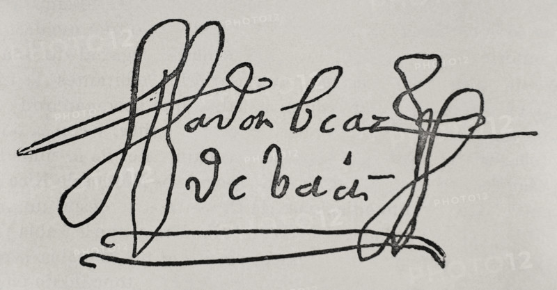 Alvar Nunez Cabeza de Vaca (c. 1495-c. 1560). Spanish explorer and conquistador. He took part in various expeditions to the American continent. He discovered the Iguazu Falls. Signature. Facsimile. America. History of its discovery from primitive times to the modern era, written by Rodolfo Cronau. Volume II. Published in Barcelona, 1892.