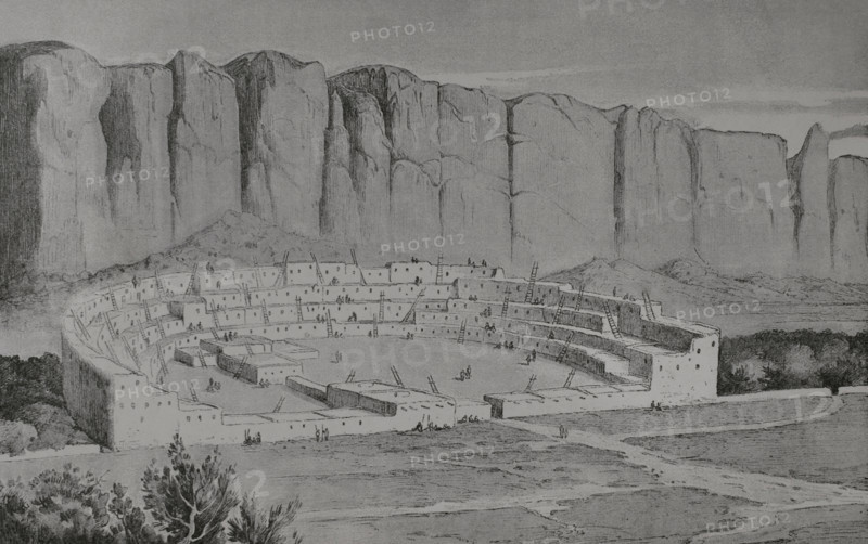 Pueblo Bonito. Ancient great house that was occupied by the Ancestral Puebloans, bearers of the Anasazi culture. It is the largest known structure in Chaco Canyon (Chaco Culture National Historical Park), in northern New Mexico, United States. It was built between AD 828 and 1126. Engraving depicting a reconstruction of Pueblo Bonito. ""America. History of its discovery from primitive times to the modern era"", written by Rodolfo Cronau. Volume II. Published in Barcelona, 1892.