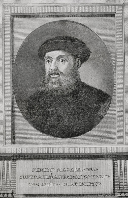 Ferdinand Magellan (1480-1521). Explorer of Portuguese origin. Portrait. Facsimile after a copper engraving by Ferdinand Selma (1752-1810) in 1788. America. History of its discovery from primitive times to the modern era, written by Rodolfo Cronau. Volume II. Published in Barcelona, 1892.