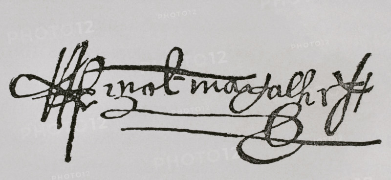 Ferdinand Magellan (1480-1521). Explorer of Portuguese origin. Signature. Facsimile. America. History of its discovery from primitive times to the modern era, written by Rodolfo Cronau. Volume II. Published in Barcelona, 1892.