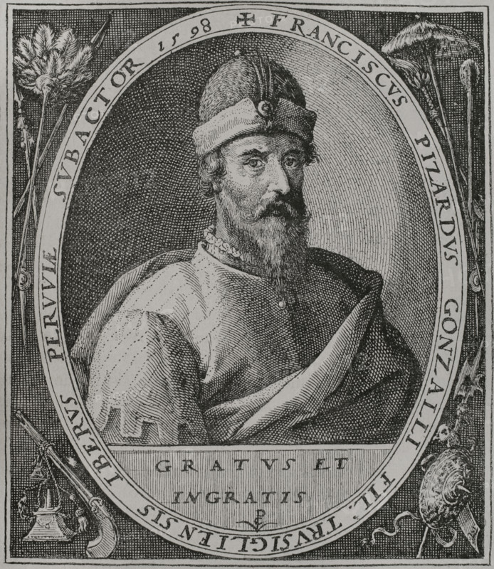 Francisco Pizarro (1478-1541). Spanish conqueror of the Inca empire. Portrait. Facsimile of an engraving by Crispin van der Passe the Elder (1564-1637), dated 1598. America. History of its discovery from primitive times to the modern era, written by Rodolfo Cronau. Volume II. Published in Barcelona, 1892.