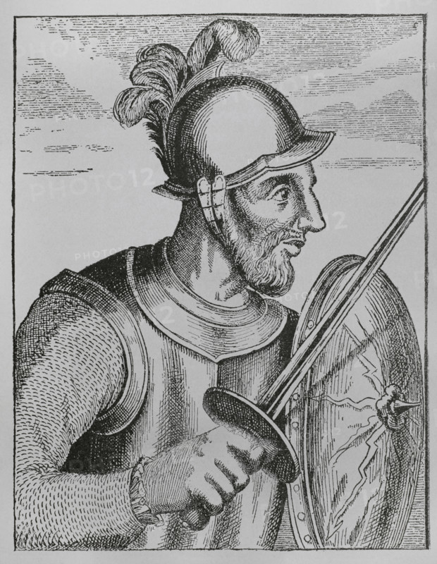 Diego de Almagro (1475-1538). Spanish conquistador. Discoverer of Chile, he took part in the conquest of Peru and Ecuador. Portrait. Facsimile of an engraving inserted in ""Historia General de los hechos de los castellanos en las Islas i tierra firme del mar oceano"", written by Antonio de Herrera y Tordesillas (1559-1625), printed in Madrid in 1601. ""America. History of its discovery from primitive times to the modern era"", written by Rodolfo Cronau. Volume II. Published in Barcelona, 1892.