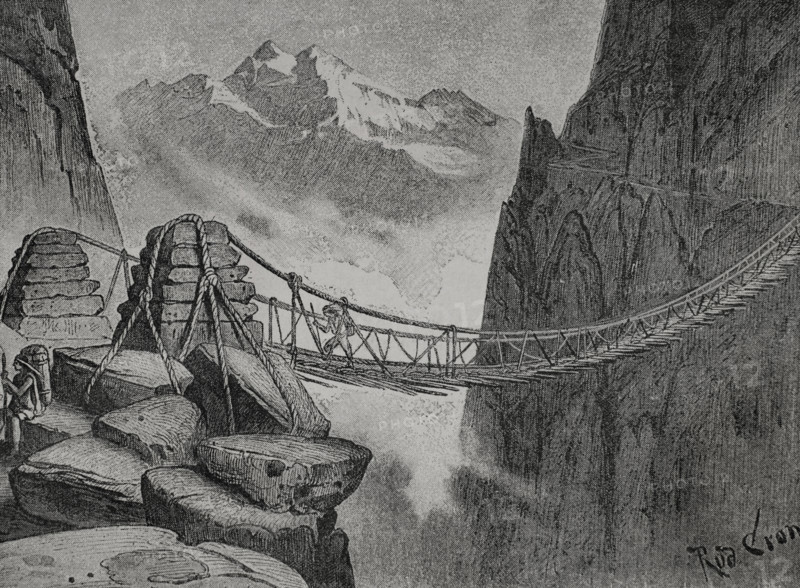 Incan rope bridge in the Andes, Peru. Drawing by Rudolf Cronau (1855-1939). Engraving. ""America. History of its discovery from primitive times to the modern era"", written by Rodolfo Cronau. Volume II. Published in Barcelona, 1892.
