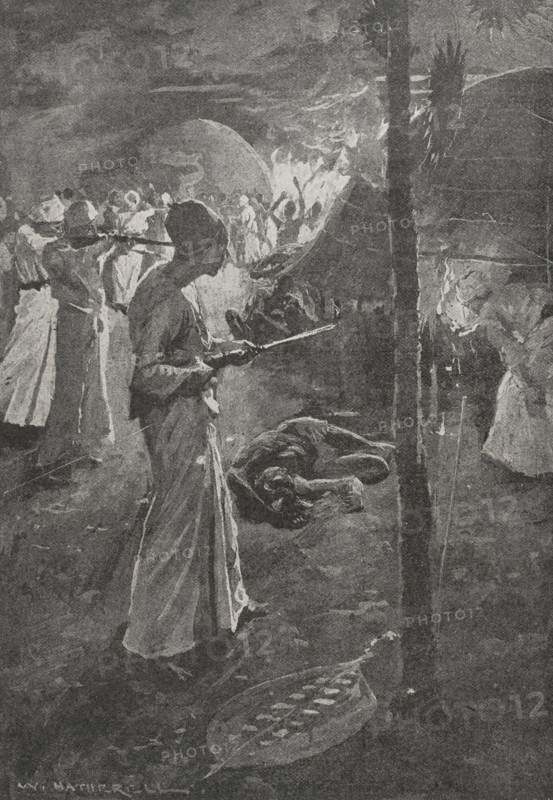 Raids for slaves. Africa. Illustration by W. Hatherell (1855-1928). Photogravure. ""La conquista de Africa"" (The conquest of Africa), by Alfredo Opisso. Volume II. Published in Barcelona (Spain) by Molinas y Maza editores, 1911.