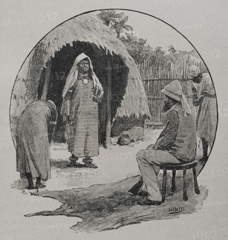 John Hanning Speke (1827-1864). English explorer and army officer who made three exploratory expeditions to Africa. Speke's reception by the sultana of Unyabewa. Speke's expedition traversed the territory of a local queen named Ugangu, who ordered that the ""white man"" be brought to visit her. Photogravure. ""La conquista de Africa"" (The conquest of Africa), by Alfredo Opisso. Volume II. Published in Barcelona (Spain) by Molinas y Maza editores, 1911.