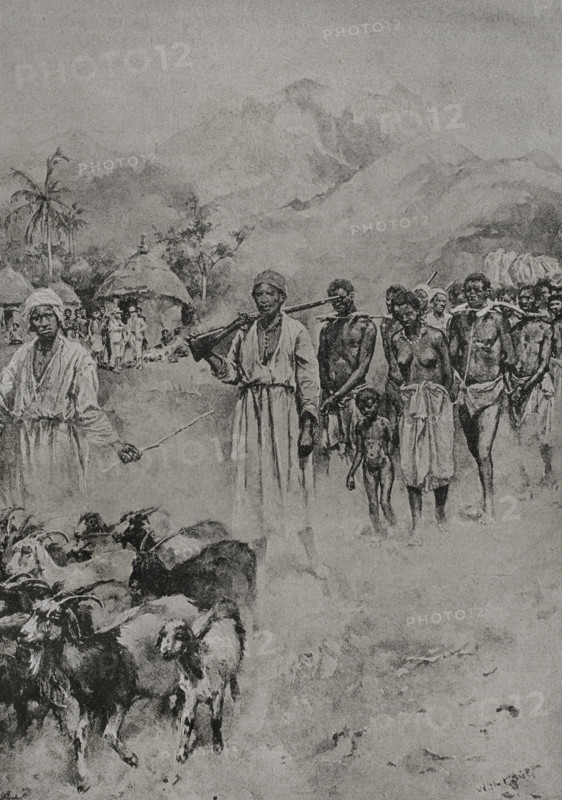 Slave Caravan, 1892. Slaves chained on the march to be sold into the slave market. Photogravure after the oil painting by Walter Stanley Paget (1863-1935). ""La conquista de Africa"" (The conquest of Africa), by Alfredo Opisso. Volume II. Published in Barcelona (Spain) by Molinas y Maza editores, 1911.
