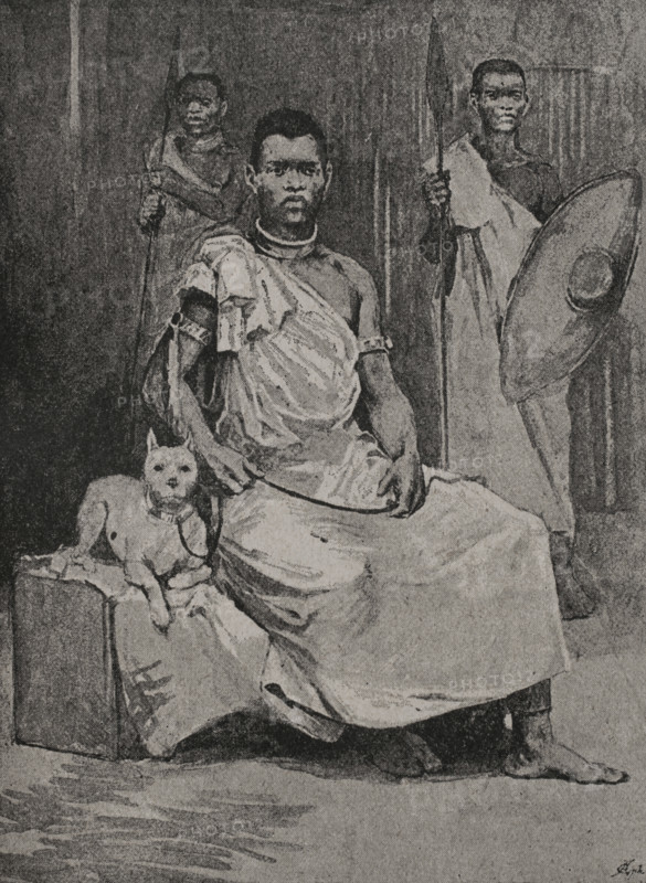 Muteesa I Mukaabya Walugembe Kayiira (c. 1837-1884). 30th Kabaka of the Kingdom of Buganda (1856-1884). Portrait. Photogravure. ""La conquista de Africa"" (The conquest of Africa), by Alfredo Opisso. Volume II. Published in Barcelona (Spain) by Molinas y Maza editores, 1911.