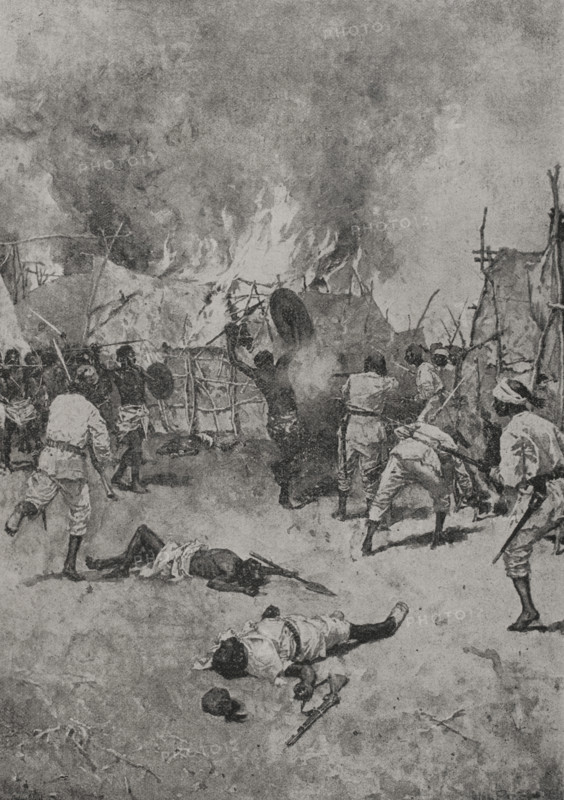 Exploration of Central Africa. First expedition (1861-1865) by British explorer Samuel White Baker (1821-1893). Attack on a village during Sir Samuel Baker's expedition. Photogravure. ""La conquista de Africa"" (The conquest of Africa), by Alfredo Opisso. Volume II. Published in Barcelona (Spain) by Molinas y Maza editores, 1911.