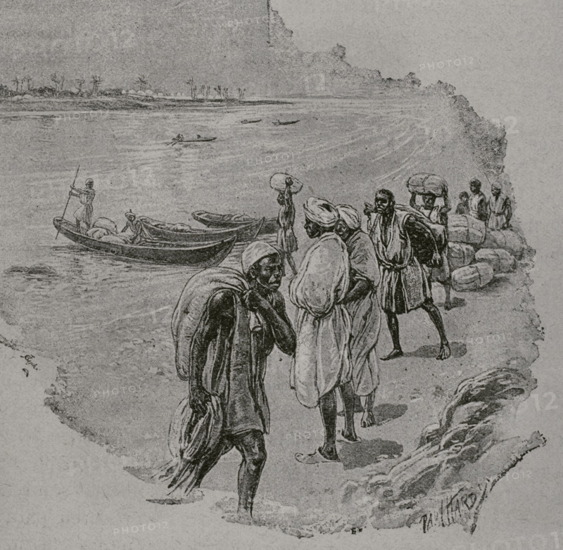 Niger, Africa. On the banks of the Niger River, at Say. Drawing by Paul Hardy (1862-1942). Photogravure. ""La conquista de Africa"" (The conquest of Africa), by Alfredo Opisso. Volume II. Published in Barcelona (Spain) by Molinas y Maza editores, 1911.