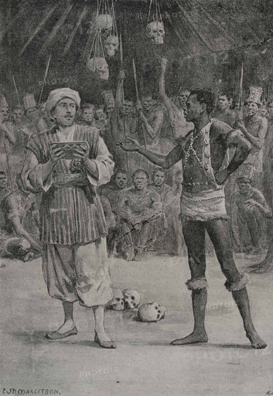 Richard Lander (Richard Lemon Lander) (1804-1834). British explorer of Western Africa. Lander under trial by ordeal. Illustration depicting an episode in which Lander, upon his arrival in Badagry in 1827, was accused of spying by the Portuguese before the King of Yoruba. To ascertain the truth of the charge, he was subjected to the ""trial by ordeal"". It consisted of swallowing a beverage prepared with the bark of a mimosa tree. If it did not cause the person who drank it to vomit, it was a sign of guilt, and that person would be stoned to death. Lander was found not guilty. Illustration by William Henry Margetson (1861-1940). Fotograbado. ""La conquista de Africa"", por Alfredo Opisso. Tomo II. Publicado en Barcelona por Molinas y Maza editores, 1911.