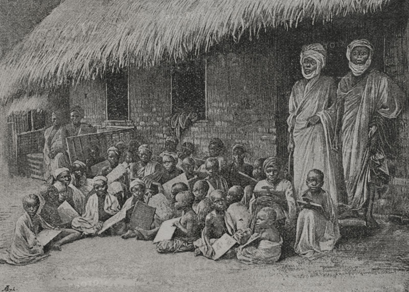 Yorubaland, Africa. Mohammedan school in the Yoruba region, c. 1892. Photogravure from a photograph by the Rev. J.T.F. Halligey. ""La conquista de Africa"" (The conquest of Africa), by Alfredo Opisso. Volume II. Published in Barcelona (Spain) by Molinas y Maza editores, 1911.