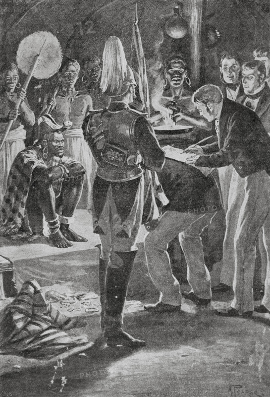 Africa. Reception of British representatives by the Attah of Iddah. Illustration by A. Pearse. Photogravure, 19th century. ""La conquista de Africa"" (The conquest of Africa), by Alfredo Opisso. Volume II. Published in Barcelona (Spain) by Molinas y Maza editores, 1911.