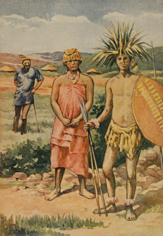 Zimbabwe. Somali warrior. Illustration by Serra Pausas. Chromolithograph. ""La conquista de Africa"" (The conquest of Africa), by Alfredo Opisso. Volume III. Published in Barcelona (Spain) by Molinas y Maza editores, 1911.