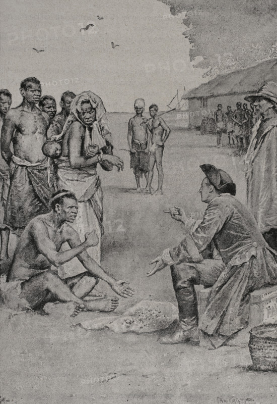 Bartering for slaves at a fort on the Guinea Coast. Photogravure. ""La conquista de Africa"" (The conquest of Africa), by Alfredo Opisso. Volume III. Published in Barcelona (Spain) by Molinas y Maza editores, 1911.