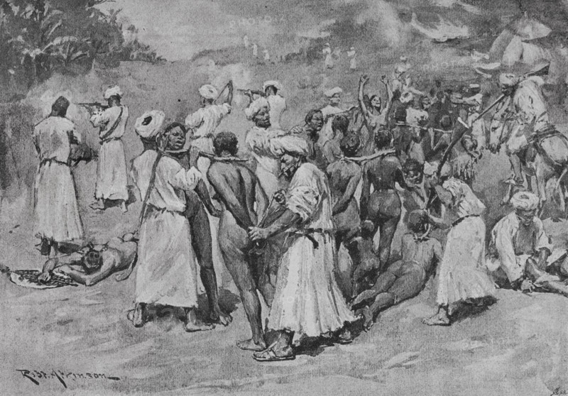 Raids for slaves by the Moors. Africa. Photogravure after an illustration by R. Atkinson. ""La conquista de Africa"" (The conquest of Africa), by Alfredo Opisso. Volume II. Published in Barcelona (Spain) by Molinas y Maza editores, 1911.