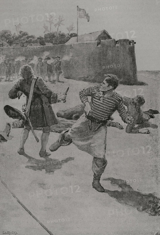 Howell Davis (c. 1690-1719). Welsh pirate. Trying his pretence of being a Royal Navy pirate hunter in order to kidnap the governor of the Portuguese island of Principe, the governor saw through it. Davis was invited to call at the fort for a glass of wine. On the way there, the pirates were ambushed and Davis shot dead on 19 June 1719. Death of Captain Davis at Princess Island. Photogravure. ""La conquista de Africa"" (The conquest of Africa), by Alfredo Opisso. Volume III. Published in Barcelona (Spain) by Molinas y Maza editores, 1911.