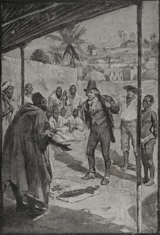 Mungo Park (1771-1806). Scottish explorer and naturalist. He collaborated with the African Association to explore the River Niger. Mungo Park and the African King in Fatteconda, 1795. Mungo Park arrived at the court of Fatteconda. The king or Almami ordered him to appear before him. Park presented him with a parasol and some trinkets. However, the Almami wanted to keep the jacket with gold buttons that he was wearing as well. The Almami reciprocated by exempting him from paying duties and also giving him some gold, a jug of honey and fish. Mungo Park's caravan was thus able to continue its journey across the country of Kajaaga. Photogravure after an illustration by R. Atkinson. ""La conquista de Africa"" (The conquest of Africa), by Alfredo Opisso. Volume III. Published in Barcelona (Spain) by Molinas y Maza editores, 1911.