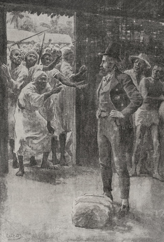 Mungo Park (1771-1806). Scottish explorer and naturalist. He collaborated with the African Association to explore the River Niger. Mungo Park insulted by the natives in Dina. Photogravure after an illustration by R. Atkinson. ""La conquista de Africa"" (The conquest of Africa), by Alfredo Opisso. Volume III. Published in Barcelona (Spain) by Molinas y Maza editores, 1911.