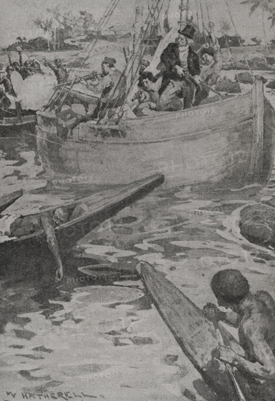 Mungo Park (1771-1806). Scottish explorer and naturalist. He collaborated with the African Association to explore the River Niger. Mungo Park's last stand against the natives at the Bussa rapids. Illustration by W. Hatherell (1855-1928). Photogravure by Andre & Sleigh. ""La conquista de Africa"" (The conquest of Africa), by Alfredo Opisso. Volume III. Published in Barcelona (Spain) by Molinas y Maza editores, 1911.