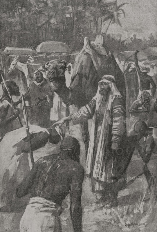 Heinrich Barth (Johann Heinrich Barth) (1821-1865). German explorer. Between 1850 and 1855, he took part in a British expedition led by James Richardson, travelling across the Sahara from Tripoli to Chad. He crossed the entire central region of Sudan, from Lake Chad to Timbuktu. Near Timbuktu, he was greeted by a crowd of people who welcomed him. Barth, under the name Abd al-Karim, the Syrian pilgrim. ""Begged the blessing of the Syrian pilgrim"". Illustration by George Denholm Armour (1864-1949). Photogravure. ""La conquista de Africa"" (The conquest of Africa), by Alfredo Opisso. Volume III. Published in Barcelona (Spain) by Molinas y Maza editores, 1911.