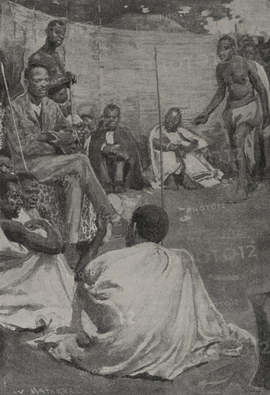 Khama III (c. 1837-1923), so-called Khama the Good and Khama the Great. King of the Bangwato people. King Khama sitting in council. Illustration by W. Hatherell (1855-1928). Photogravure by Andre & Sleigh. ""La conquista de Africa"" (The conquest of Africa), by Alfredo Opisso. Volume II. Published in Barcelona (Spain) by Molinas y Maza editores, 1911.