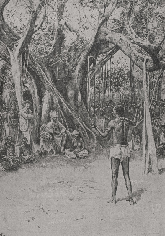 Southern Africa. Shinte's reception in honour of Livingstone. Photogravure. ""La conquista de Africa"" (The conquest of Africa), by Alfredo Opisso. Volume III. Published in Barcelona (Spain) by Molinas y Maza editores, 1911.