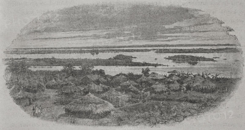 Mozambique. The Zambesi at Shupanga (Chupanga at present). Photogravure from a photograph by Mr. Fred L. M. Moir of the African Lakes Company. ""La conquista de Africa"" (The conquest of Africa), by Alfredo Opisso. Volume III. Published in Barcelona (Spain) by Molinas y Maza editores, 1911.