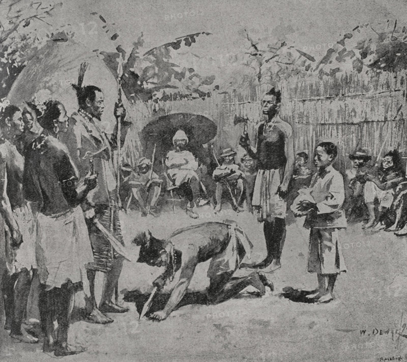 Africa. Reception by Kasongo, great chief of Urua. Photogravure by Andre & Sleigh from a sketch by Captain Cameron. ""La conquista de Africa"" (The conquest of Africa), by Alfredo Opisso. Volume III. Published in Barcelona (Spain) by Molinas y Maza editores, 1911.