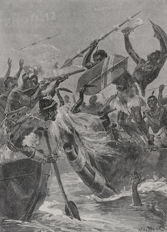 Africa. Naval battle between the Waganda and the Wavuma. Over the years, the kings of Uganda tried in vain to subdue the Wavuma, who refused to accept Christianity. King Mutesa resolved to subjugate the islands in 1875, causing a deterioration in relations between Buganda and Buvuma. At this time, Henry Morton Stanley was staying in Uganda during his expedition to the Congo River (1874-1877), describing the fighting force with which Mutesa attempted to conquer the Wavuma. Photogravure after an illustration by William Heysham Overend (1851-1898). ""La conquista de Africa"" (The conquest of Africa), by Alfredo Opisso. Volume III. Published in Barcelona (Spain) by Molinas y Maza editores, 1911.