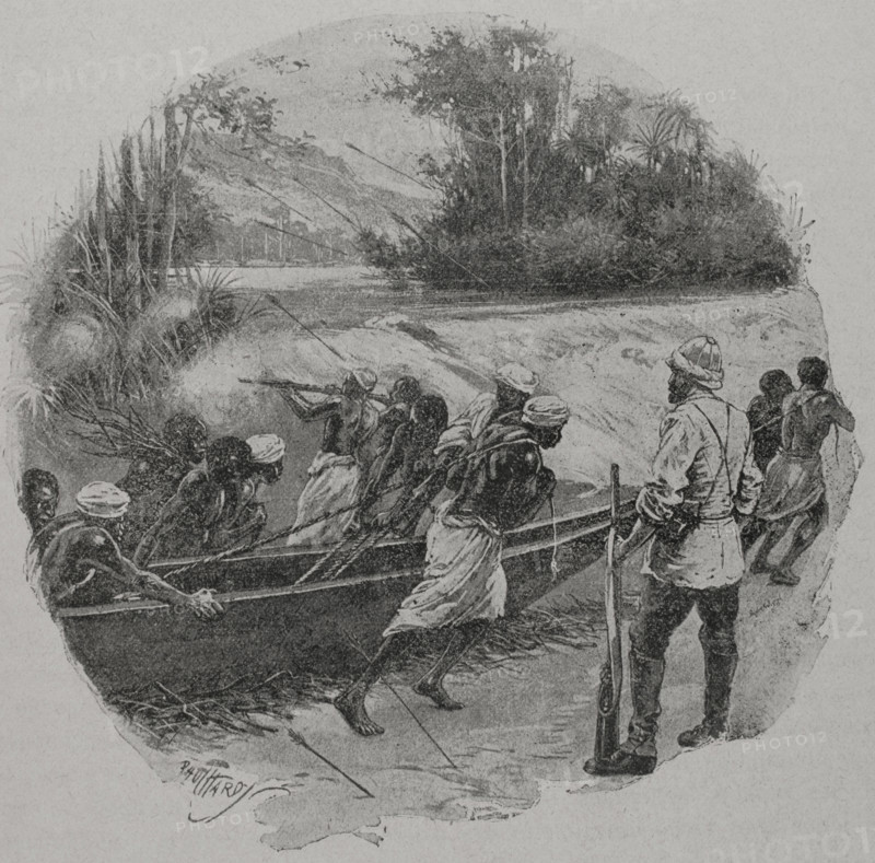 Africa. Stanley's expedition beset by cannibals at a cataract on the Congo. Drawing by Paul Hardy (1862-1942). Photogravure. ""La conquista de Africa"" (The conquest of Africa), by Alfredo Opisso. Volume III. Published in Barcelona (Spain) by Molinas y Maza editores, 1911.