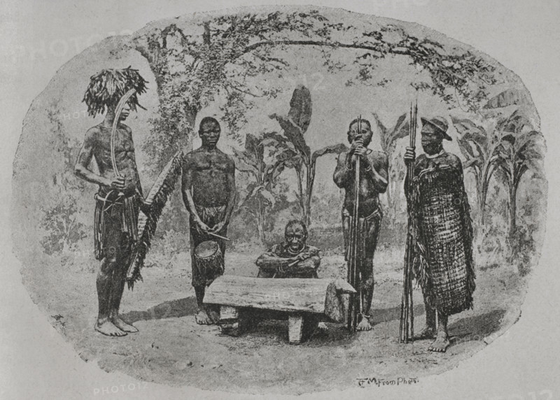 South Sudan, Africa. Makaraka warriors and musicians. Photogravure. ""La conquista de Africa"" (The conquest of Africa), by Alfredo Opisso. Volume III. Published in Barcelona (Spain) by Molinas y Maza editores, 1911.