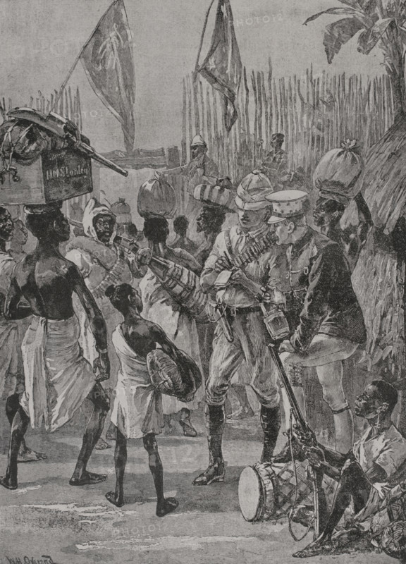 Emin Pasha Relief Expedition (1887-1889). The advance column leaving Yambula. Photogravure by R. Taylor after an illustration by William Heysham Overend (1851-1898). ""La conquista de Africa"" (The conquest of Africa), by Alfredo Opisso. Volume III. Published in Barcelona (Spain) by Molinas y Maza editores, 1911.