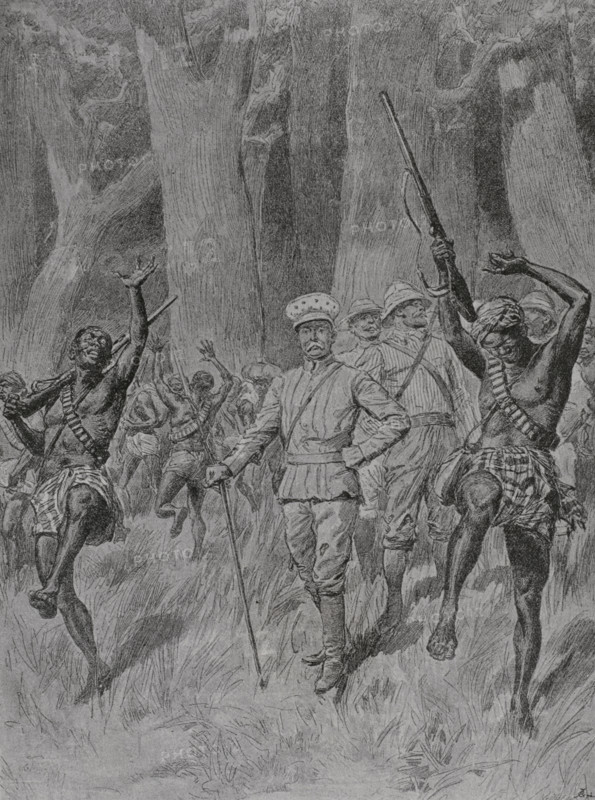 Emin Pasha Relief Expedition (1887-1889). The advance column of the expedition emerging from the Aruwimi forest. Photogravure. ""La conquista de Africa"" (The conquest of Africa), by Alfredo Opisso. Volume III. Published in Barcelona (Spain) by Molinas y Maza editores, 1911.