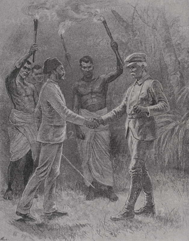 Emin Pasha Relief Expedition (1887-1889). Meeting of Emin Pasha (1840-1892) and Henry Morton Stanley (1841-1904) at Kavalli, 29 April 1888. Photogravure. ""La conquista de Africa"" (The conquest of Africa), by Alfredo Opisso. Volume III. Published in Barcelona (Spain) by Molinas y Maza editores, 1911.