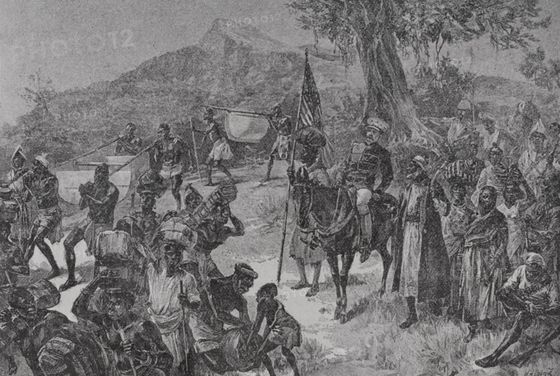 Emin Pasha Relief Expedition (1887-1889). The expedition leaving Matadi, on the Congo, with Tippu Tib and his wives. Photogravure after an illustration by William Heysham Overend (1851-1898). ""La conquista de Africa"" (The conquest of Africa), by Alfredo Opisso. Volume III. Published in Barcelona (Spain) by Molinas y Maza editores, 1911.