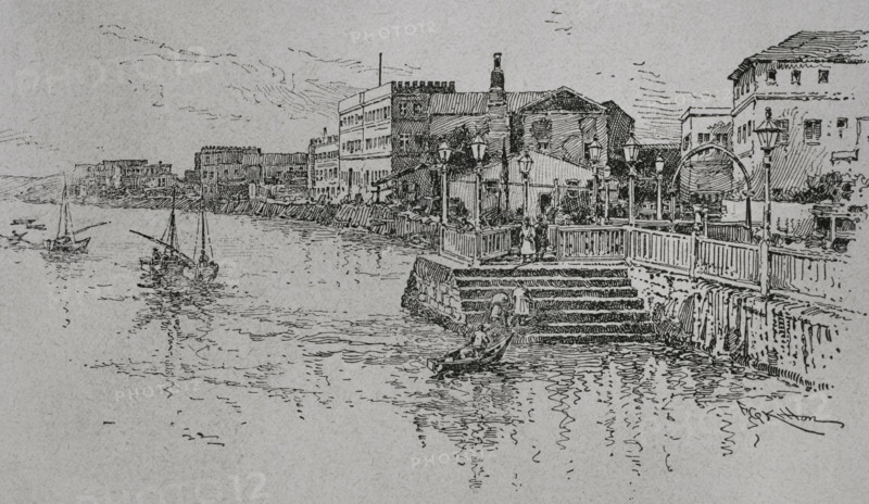 Zanzibar, Tanzania. Landing-place. Photogravure. ""La conquista de Africa"" (The conquest of Africa), by Alfredo Opisso. Volume III. Published in Barcelona (Spain) by Molinas y Maza editores, 1911.