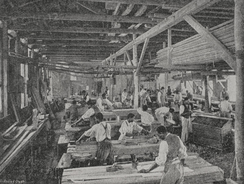 South Africa. Lovedale, also known as Lovedale Missionary Institute. Mission station founded in 1824 by the Glasgow Missionary Society (GMS), named in honour of Dr John Love (1757-1825), one of the leading members and at the time secretary to the society. Carpentry workshop at Lovedale. Photogravure by Andre & Sleigh. ""La conquista de Africa"" (The conquest of Africa), by Alfredo Opisso. Volume III. Published in Barcelona (Spain) by Molinas y Maza editores, 1911.
