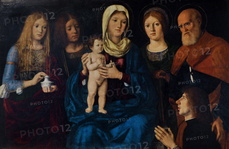 Pasqualino di Niccolo, called Pasqualino Veneto (ca. 1463-1504). Italian painter. Holy Conversation (the Virgin and Child, Saint Mary Magdalene, Saint John the Evangelist, an unknown female saint, Saint Joseph (?), and the donor), after 1502. Oil on wood, 68 x 104 cm. National Gallery Prague (Sternberg Palace). Czech Republic.