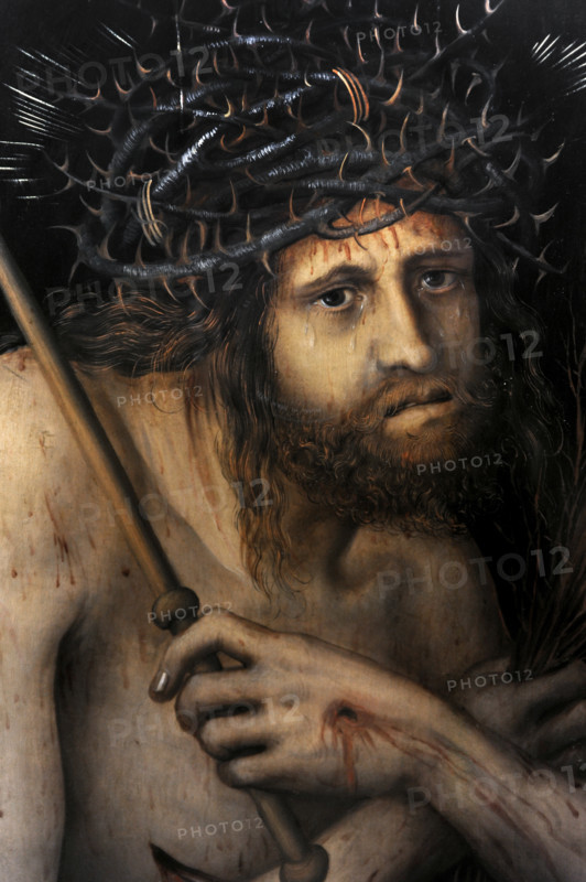 Lucas Cranach the Elder (1472-1553) and workshop. German painter and printmaker. Man of Sorrows, ca. 1520. Reverse side detail of the panel of the Christ Child Blessing. Oil on linden panel, 53,1 x 30,3 cm. National Gallery Prague (Sternberg Palace). Czech Republic.