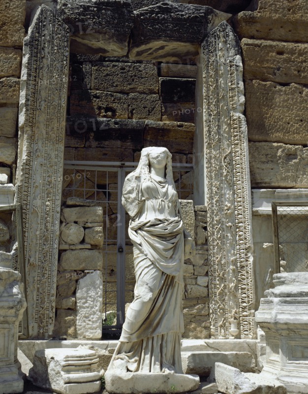 Pamukkale, Turkey. Copy of one of the female statues that decorated the facade of the hipposcenium of the Hierapolis Roman Theater, 2nd century AD.