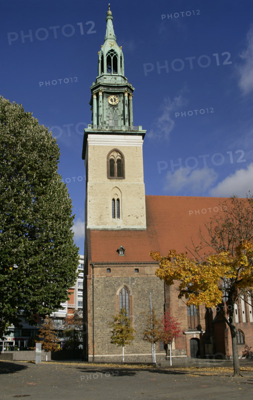 Berlin, Germany. St. Mary's Church (Marienkirche). Originally a Catholic parish church (second half of the 13th century), it became a Lutheran Protestant church after the Reformation in 1539. General view of the 15th-century tower, crowned in 1790 with a steeple by Carl Gotthard Langhans (1732-1808).