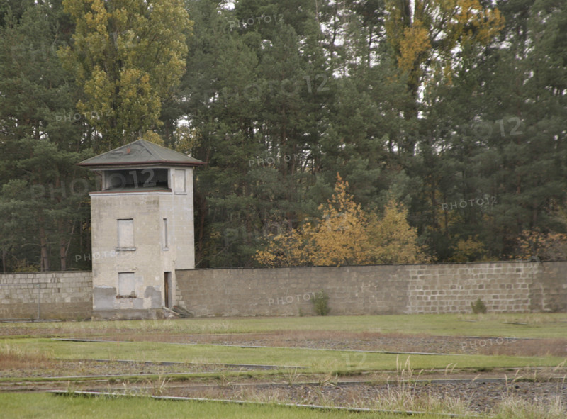 Oranienburg, Germany. Sachsenhausen concentration camp. It was created by the SA in March 1933, north of Berlin. It was in operation under the Nazi regime from July 1936 until April 1945. Sachsenhausen was a labour camp with several subcamps, a gas chamber, and a medical experimentation area. It was initially designed to held the large number of political prisoners who opposed the Nazi regime. From 1938 onwards, it began to held thousands of Jews. From 1940 onwards, Poles were also sent to Sachsenhausen, and from 1941 onwards, captured Soviet soldiers. View of one of the watchtowers on the perimeter.