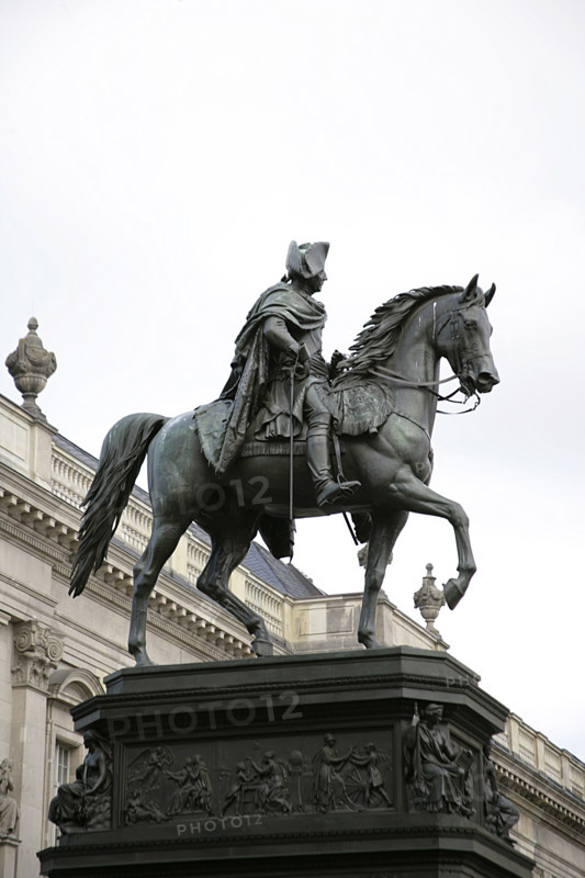 Frederick II the Great (1712-1786). King of Prussia (1740-1786). Equestrian statue of Frederick the Great, erected on Unter den Linden avenue in the Mitte district of Berlin (Germany). Made in bronze between 1839 and 1851 by German sculptor Christian Daniel Rauch (1777-1857). Detail of the upper part of the monument.