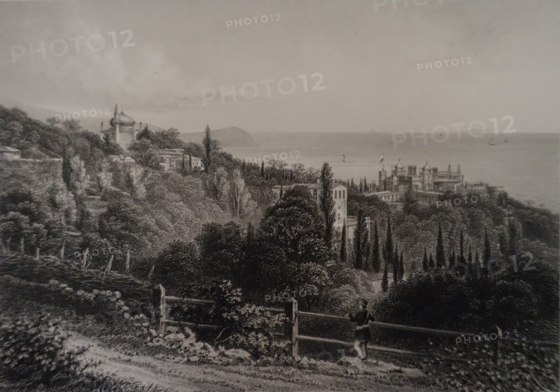 Alupka. Illustration from Album of all the best views of Crimea. Steel engraving. 1869.