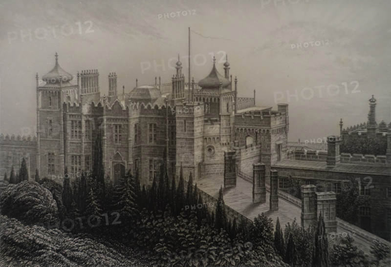Vorontsov Palace in Alupka. Illustration from Album of all the best views of Crimea. Steel engraving. 1869.