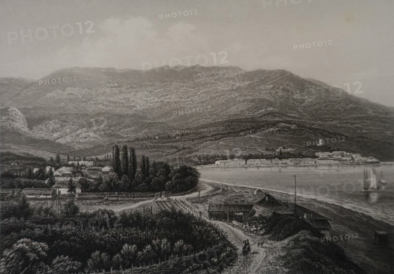 Yalta Bay. Illustration from Album of all the best views of Crimea. Steel engraving. 1869.