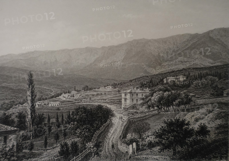 Autka. Greek village near Yalta. Illustration from Album of all the best views of Crimea. Steel engraving. 1869.