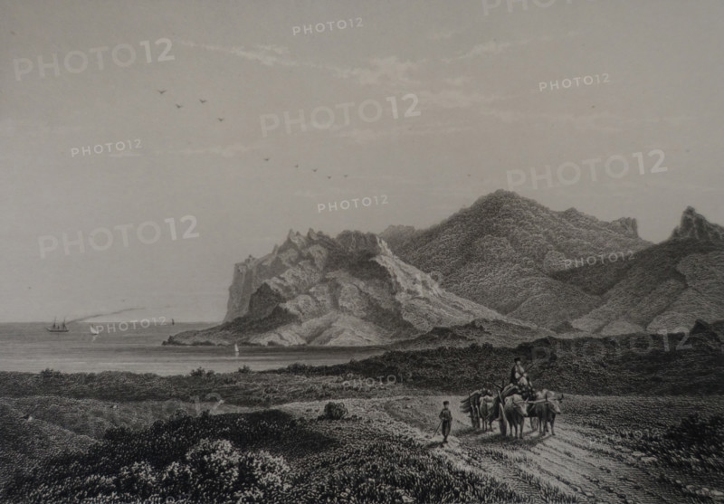 Koktebel mountains near Feodosia. Illustration from Album of all the best views of Crimea. Steel engraving. 1869.