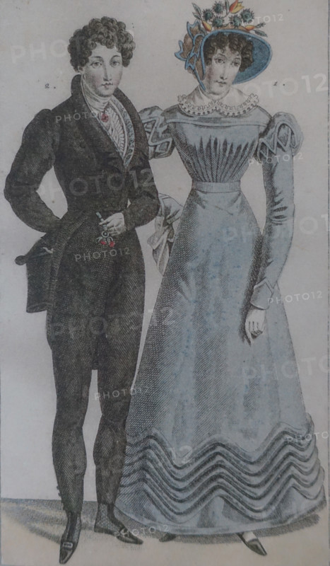 A Lady in Blue and a Gentleman. Illustration from the 'Ladies' Journal'. 1823.