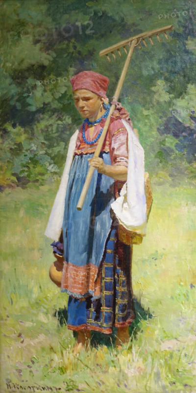 Kasatkin Nikolai Alexeyevich (1859-1930). Young peasant woman with a rake in the meadow. 1893.